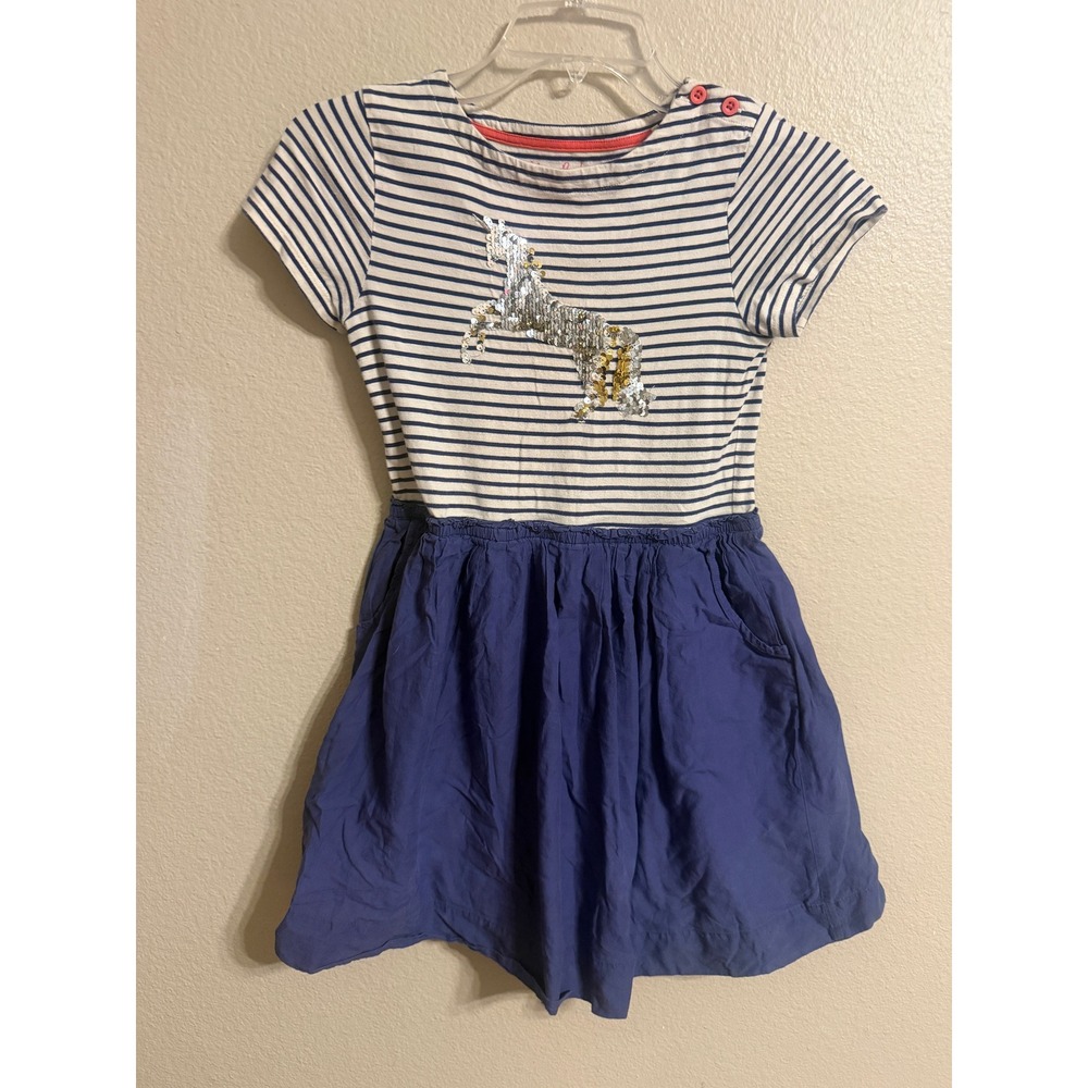 Mini Boden Striped Unicorn Dress Girls 9-10Y Blue White Good Sequin Pockets